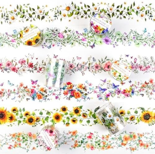 6Rolls Floral Washi Tape Set PET 50mm Wide Washi Sticker for Junk Journaling Stickers Scrapbook Stickers  Washi Tapes Scrapbooking Supplies Decorative Tape for Crafts, 6.6ft Long