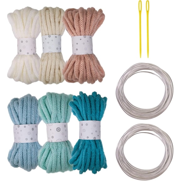 6Rolls Hollow Braided Cord, 7mm X 5 Meters Polyester Cord Rope for Art Craft , Includes Big Eye Needle and Sculpting Wire Yarns Skein for Craft(F)