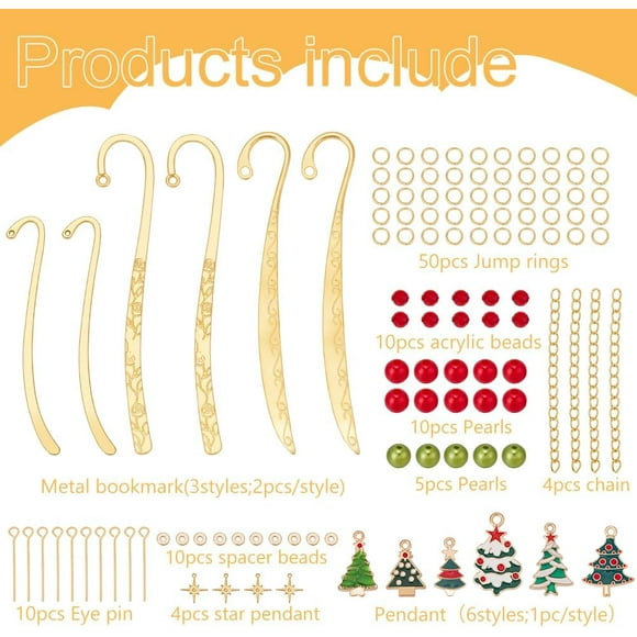 6Set Christmas Metal Hook Bookmarks Kit Colorful Beads Metal Bookmark Handmade Gift Pearls&Beads Bookmarkers for Craft Silver Bookmarks for Women Gift