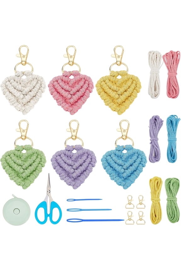 6Set Heart Macrame Keychain Kit Handmade Boho Keychain for Bag Hanging Ornament Macrame Boho Bag Charm for Girls Macrame Kit