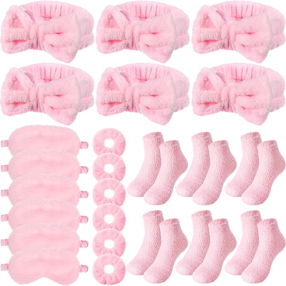 6Set Spa Party Favor Set, Pink Headbands Sleep Masks Scrunchies and Fuzzy Socks Kit, Cozy Self Care Accessories for Sleepover Bachelorette Bridal Shower