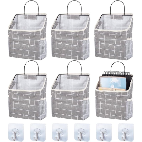 6Set Tartan Pattern Polycotton Bedside Caddy for Student Dorm Storage Pouch Organizer Bag with Adhesive Hook Hanger Light Grey 230x100x400mm DIY
