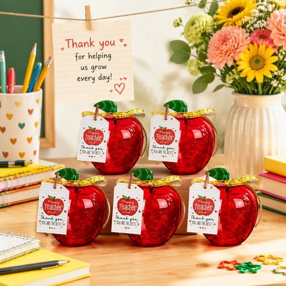 6Sets Apple Shaped Candy Containers with Thank You Cards, Red Gift Favor Boxes with Ribbon for Back to School Gifts and Party Events