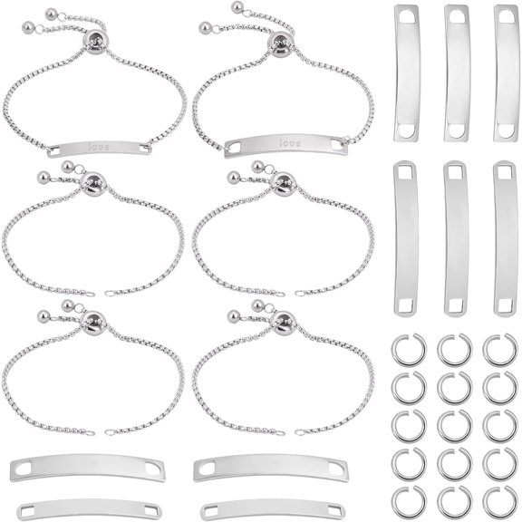 6Sets Engravable Bracelets DIY Kit Including Rectangle Engravable Blank Tags Links Connectors 24cm Stainless Steel Adjustable Slider Bracelet 4mm Jump Rings for Bracelets Making for DIY