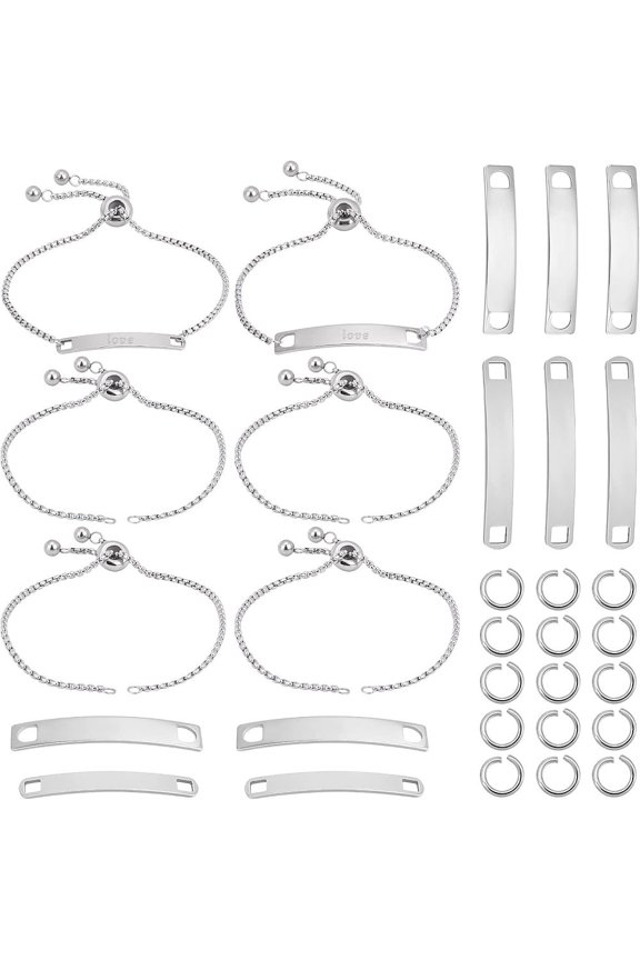 6Sets Engravable Bracelets DIY Kit Including Rectangle Engravable Blank Tags Links Connectors 24cm Stainless Steel Adjustable Slider Bracelet