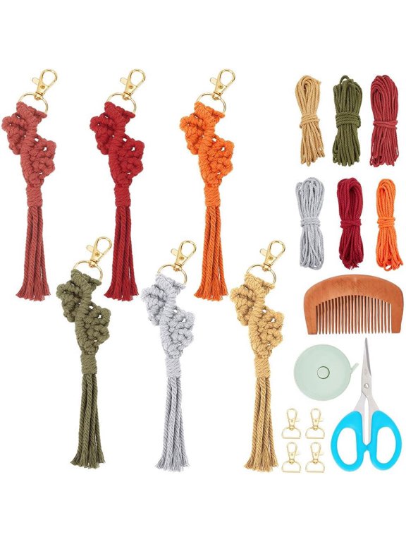 6Sets Macrame Keychain Kit Macrame Autumn Vine and Leaf Pattern for Boho Bag Charm Macrame Kit for Adults Beginners Video Instruction Included