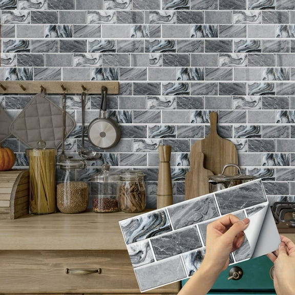 6Sheet Self Adhesive Tile Stickers Gray Blue Marbling 11.8x5.9inch Vinyl Wall Decals DIY Mosaic Brick Peel and Stick Kitchen Backsplash
