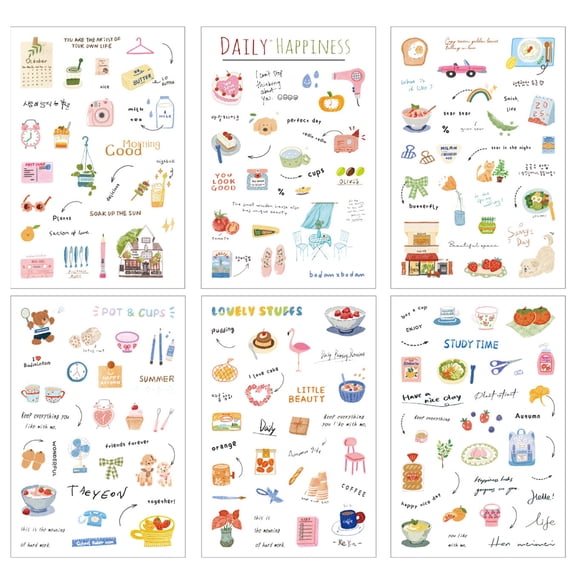 6Sheets Journaling Sticker Waterproof PET Decorative Sticker for Journals Phone Case Photo Albums Laptop Scrapbooking