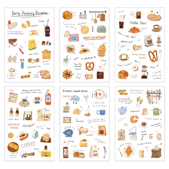 6Sheets Journaling Sticker Waterproof PET Decorative Sticker for Journals Phone Case Photo Albums Laptop Scrapbooking