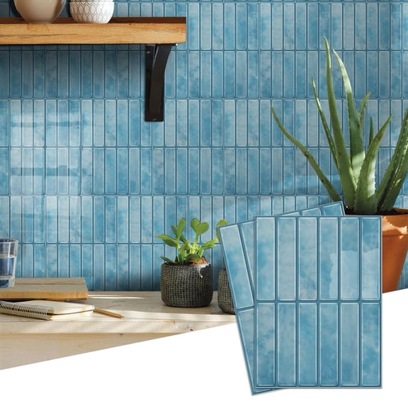 6Sheets Peel and Stick Tiles Wall Stickers Light Blue Marbling 6.7" x 9" Geometric Stripe Pattern Mosaic Brick Decals Self Adhesive Waterproof Backsplash