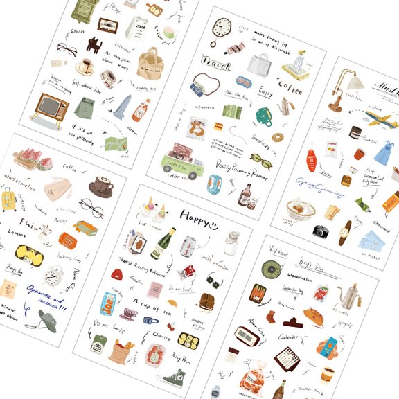 6Sheets Scrapbooking Decorative Sticker Waterproof Adhesive PET Sticker for Journal Notebooks Phone Case Laptop Luggage
