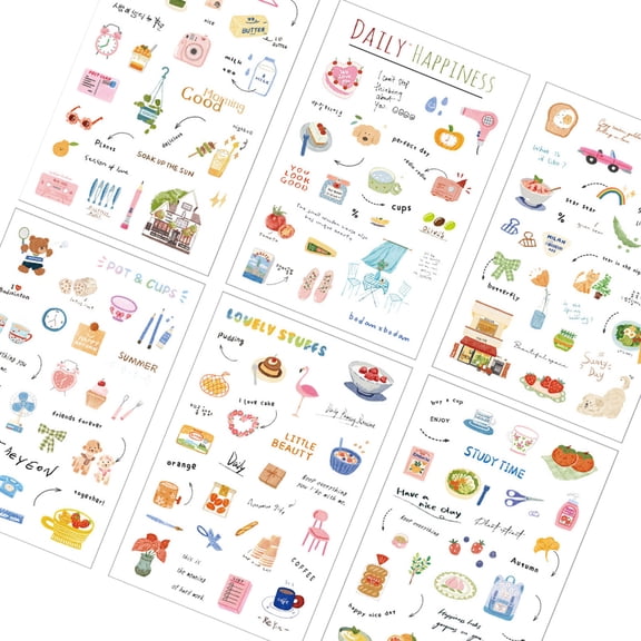 6Sheets Scrapbooking Decorative Sticker Waterproof Adhesive PET Sticker for Journal Notebooks Phone Case Laptop Luggage