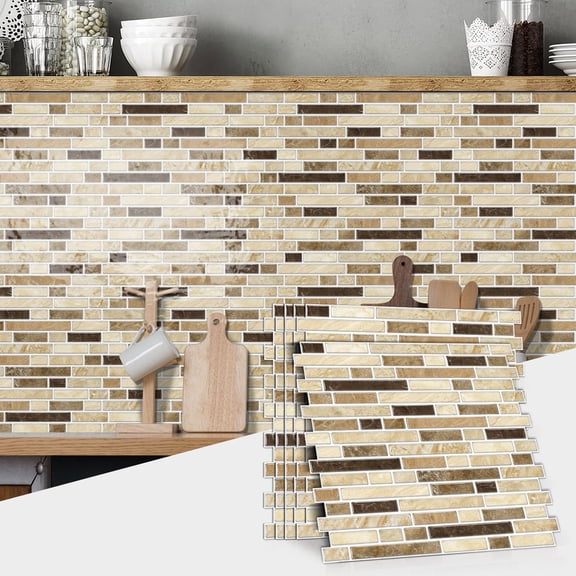 6Sheets Self Adhesive Tiles Stickers 3D Wall Decals 12" x 12" Beoge Brown Mosaic Marbling Waterproof Peel and Stick Kitchen Backsplash Wallpaper
