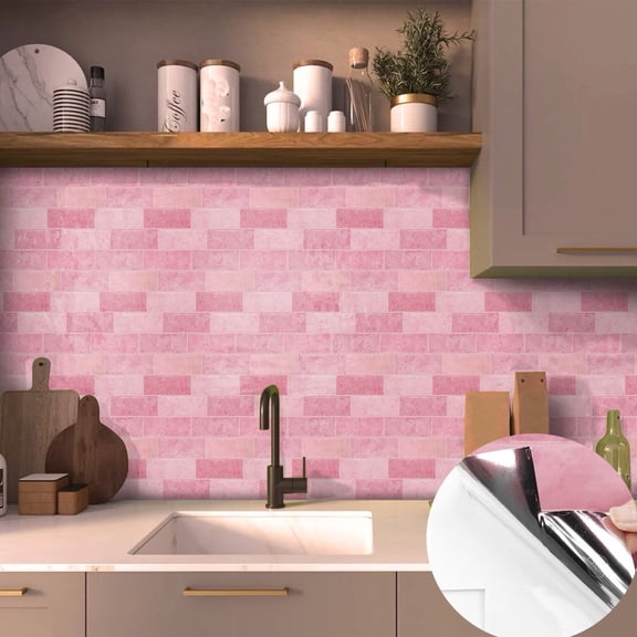 6Sheets Self Adhesive Tiles Wall Stickers 3D Effect Pink Tile Decals 8.7" x 12" Removable Sticker Bathroom Decor Peel and Stick Kitchen Backsplash