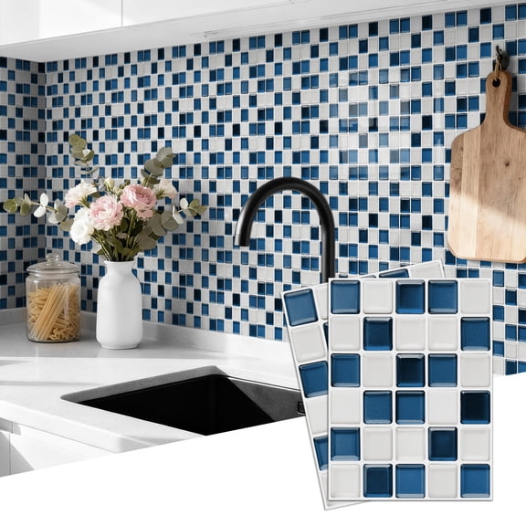 6Sheets Self Adhesive Tiles Wall Stickers Decals 6.7" x 9" Blue White Mosaic Sticker Peel and Stick Kitchen Backsplash DIY Decor Wallpaper