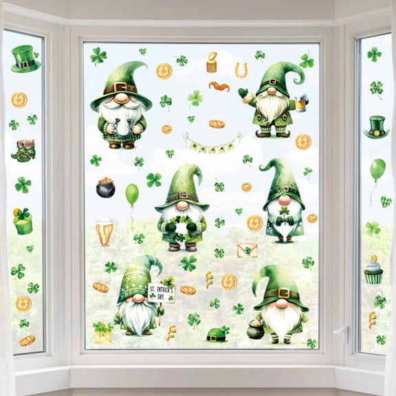 6Sheets St. Patrick’s Day Decorations Window Clings, Irish Holiday Sticker Home Decor for Glass, Saint Patty Shamrock Gnome Leprechaun Coin Decals Party Ornaments,Spring Green