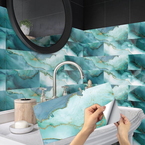 6Sheets Waterproof Peel and Stick Tiles Stickers Wall Decals Blue Green Gold Marbling 11.81" x 5.91"  Kitchen Backsplash DIY Decor Sticker