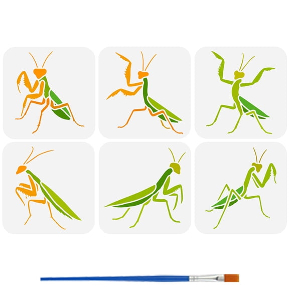 6Styles Praying Mantis Pattern Stencils with a Brush 5.9x5.9Inch Various Insects Drawing Stencils PET Animal Themes Template for Wood Wall Floor Tiles