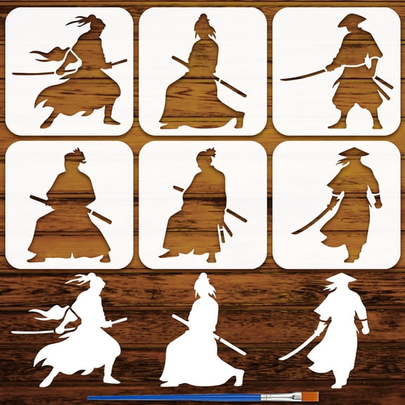 6Styles Samurai Silhouette Stencils with a Brush 5.9x5.9Inch Human Painting Stencil PET Samurai Pattern Stencils Oriental Themes Template