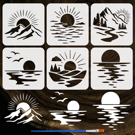 6Styles Sun Mountains and Seas Stencils with a Brush 7.9x7.9Inch Nature Pattern Painting Stencils Sunrise Sunset Drawing Stencil PET Mountains Sea Template