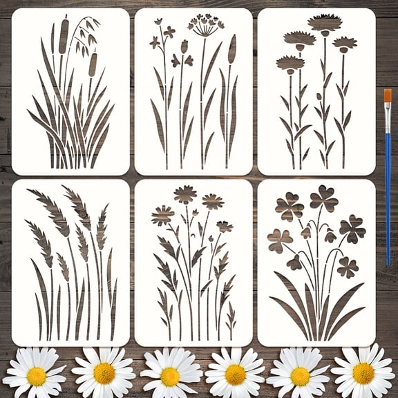 6Styles Wildflowers Pattern Stencils with a Brush 11.7x8.3Inch Weeds Painting Stencils PET Plant Themes Floral Template for Wood Wall Floor TilesDIY