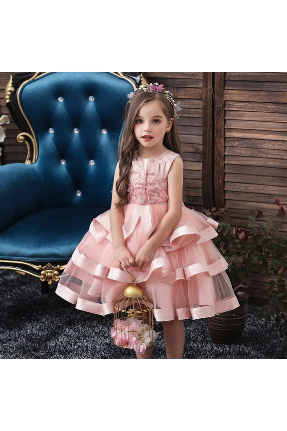 6T- Girl pink ruffle dress for wedding, pageant, graduation, birthday ages 6 years old.