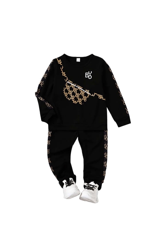 6T Kids Boys Clothes Little Boys Outfits 6T Little Boys Long Sleeve Round Neckline Bag Print Top Pants 2PCS Set Black