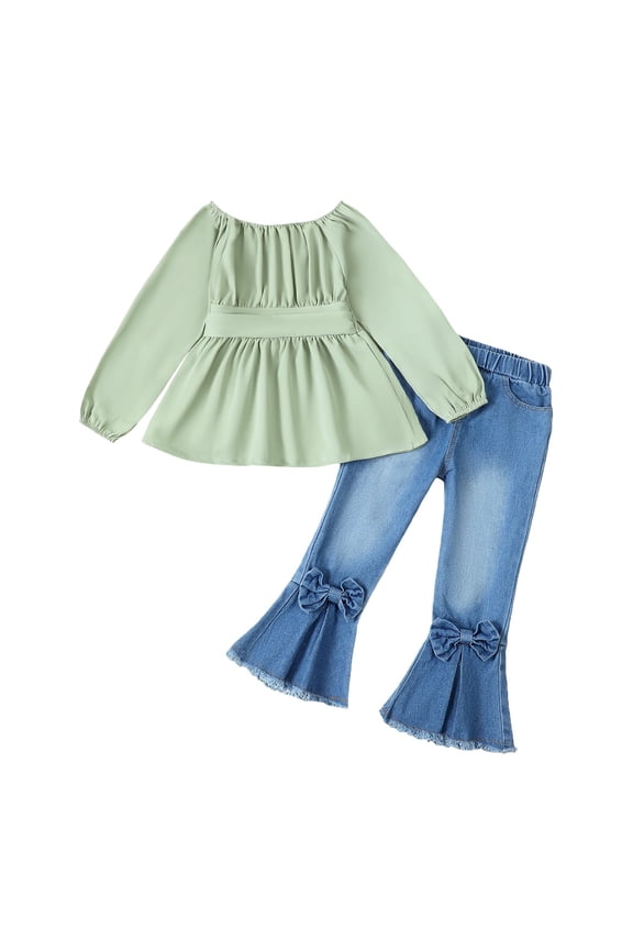 6T Kids Girls Outfits Little Girls Fall Winter Clothes 6-7 Years Girls Long Sleeve Solid Color Top Jeans Bell-bottomed Pants 2PCS Set Green