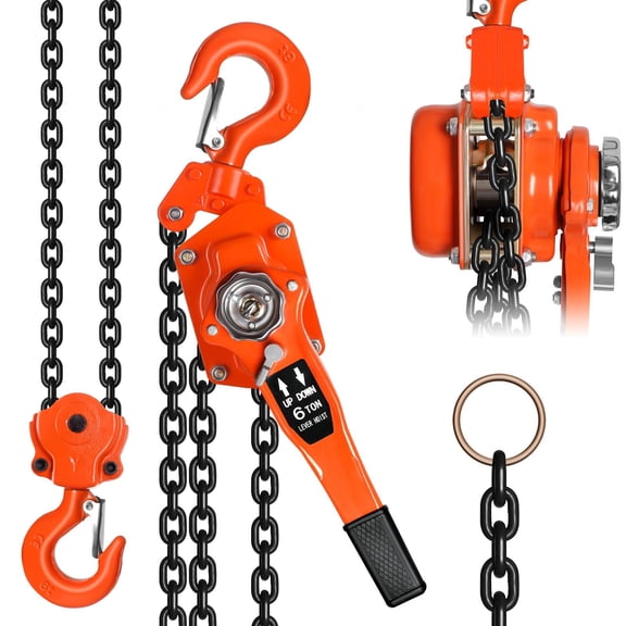6T Lever Chain Hoist 13200 LB, 10ft Manual Chain Fall with G80 Galvanized Load Chain, Double-Pawl Brake, 360 Swivel Hook - Orange Finish for Heavy Duty Construction