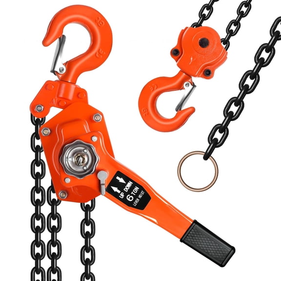 6T Lever Chain Hoist 13200 LB, 10ft Manual Chain Fall with G80 Galvanized Load Chain, Double-Pawl Brake, 360 Swivel Hook - Orange Finish for Heavy Duty Construction