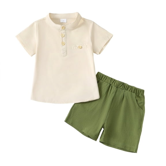 6T Little Boys Clothes 6T Boys 2PCS Summer Outfits Set Solid Color Stand Collar Little Boys Short Sleeve Top Shorts Set Apricot
