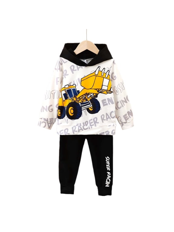 6T Little Boys Clothes Little Boys 2PCS Hoodie Outfits Set Letter Print 6T Boys Long Sleeve Top Pants Set White