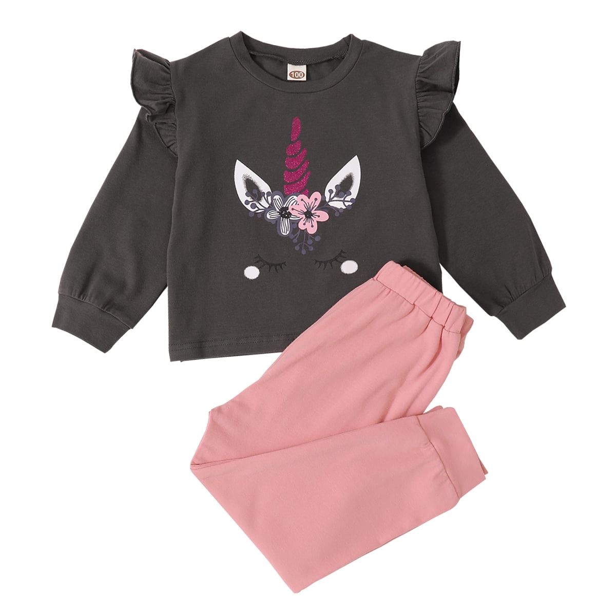 6T Little Girl Fall-Winter Outfits Pants Sets 7T Little Girl Long Sleeve Unicorn Prints Tops Elastic Pants 2PCS Set Gray