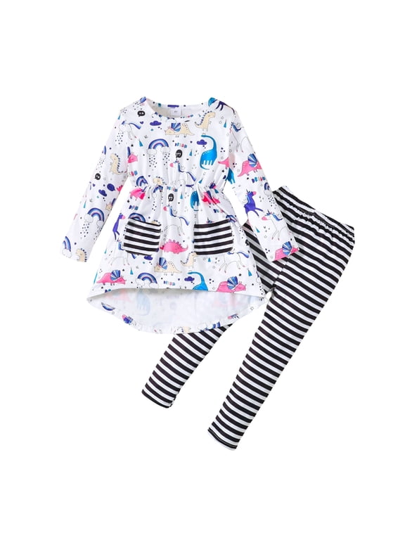 6T Little Girls Clothes 6T Girls 2PCS Outfits Set Unicorn Print Little Girls Long Sleeve Irregular Top Pants Set White