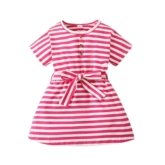 6T Little Girls Dress 6 Years Girls Short Sleeve Dress Round Neck Little Girls Summer Stripe Dress Pink