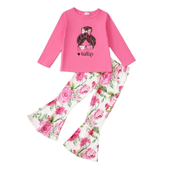 6T Little Girls Outfits 7T Girls Fall Winter Pant Sets Little Girls Long Sleeve Round Neckline Top Floral Pants 2PCS Set Pink