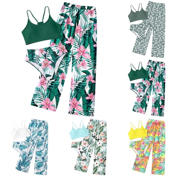 6T Swimsuit Girls Tankini Girls' 3 Piece Set Floral Print Bikini Swimsuit with Drawstring Beach Skirt Cute Ruched Bathing Suit