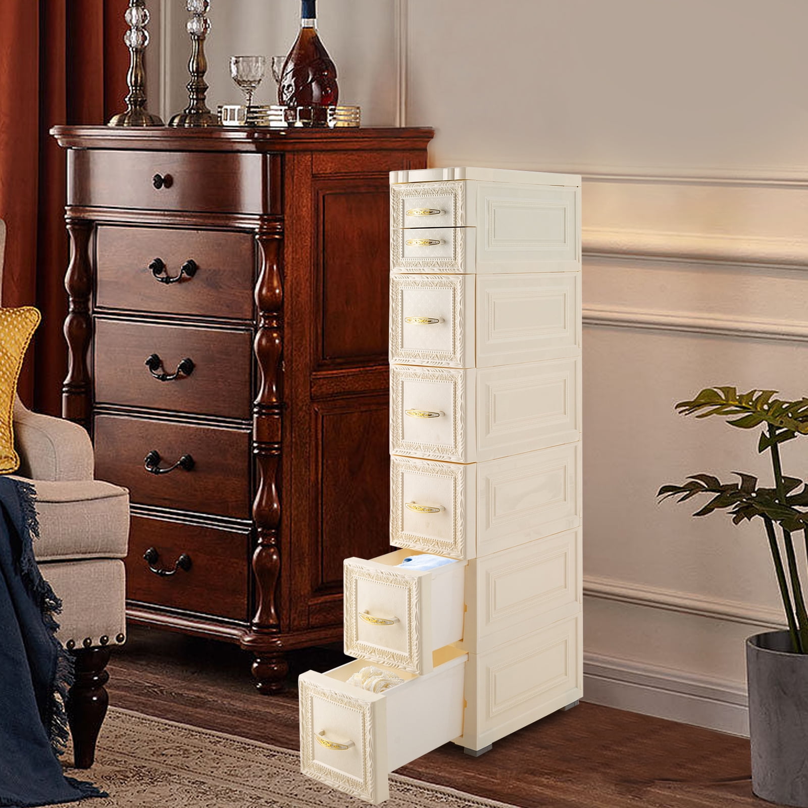 6Tier Bathroom Floor Cabinet, Vertical Storage Unit with Drawers and Casters, Large Capacity Narrow Tall Slim Storage Tower Waterproof Toilet Paper Storage Cabinet for Small Spaces Gaps
