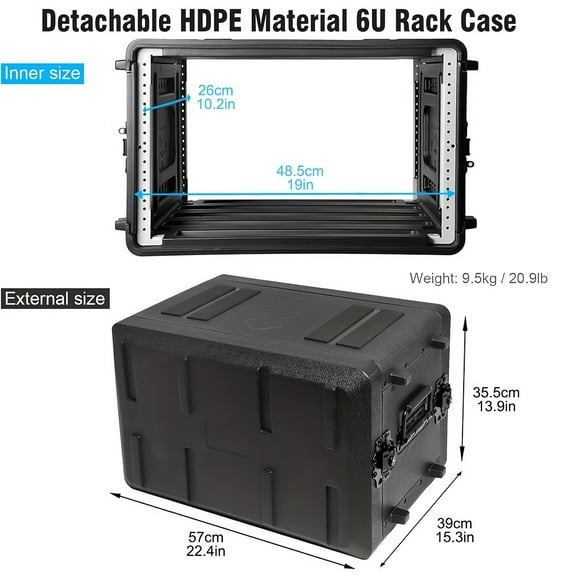 6U Heavy Duty Rack Case - HDPE Waterproof Shock Mount Flight Case for Pro Audio, 19" Rack Equipment w/ Mic Compartments, 2 Depth Options (10.2"/15"), DJ Mixer/Amplifier Road Ready