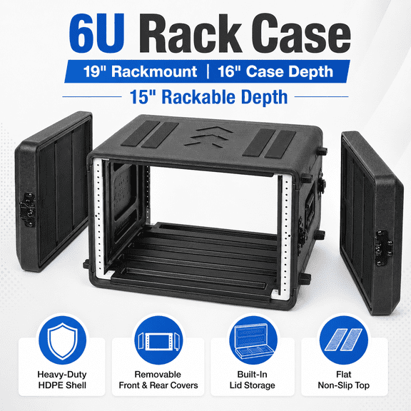 6U Rack Case 19 Inch Rack Mount Case, 16 Inch Deep HDPE Audio Equipment Case with Removable Front & Rear Covers, Built-in Microphone Storage, Zippered Mesh Pocket, Non-Slip Flat Top, Black
