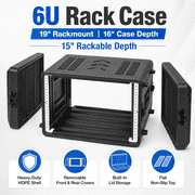 6U Rack Case 19 Inch Rack Mount Case, 16 Inch Deep HDPE Audio Equipment Case with Removable Front & Rear Covers, Built-in Microphone Storage, Zippered Mesh Pocket, Non-Slip Flat Top, Black