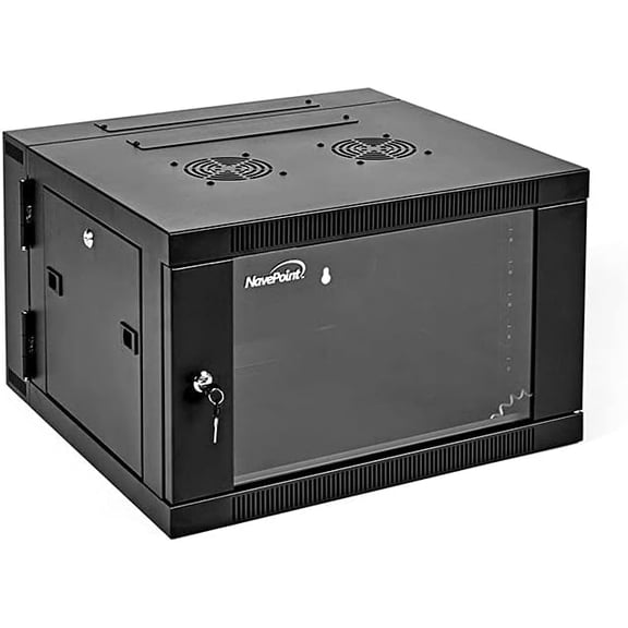 6U Server Cabinet with Hinged Back - 21.6' Deep, 6U Server Rack Enclosure with Locking Glass Door, Wall Mount Rack with Removable Side Panels, Network Cabinet with 2 Fans, Pre-Assembled