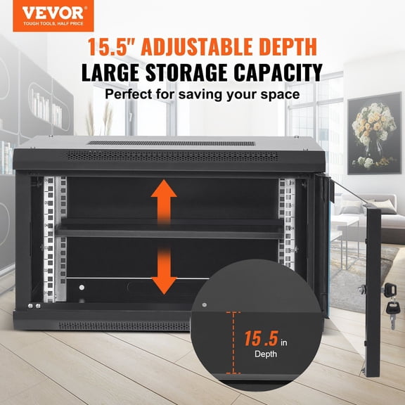 6U Wall Mount Network Server Cabinet,15.5"Deep,Server Rack Cabinet Enclosure,200 lbs Max. Ground-mounted Load Capacity,with Locking Glass Door Side Panels,for IT Equipment,A/V Devices