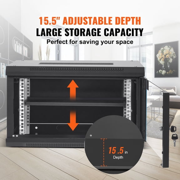 6U Wall Mount Network Server Cabinet 15.5 Inch Deep Server Rack Enclosure 200 lbs Maximum Ground Mounted Load Capacity with Locking Glass Door and Side Panels for IT Equipment and A V Devices