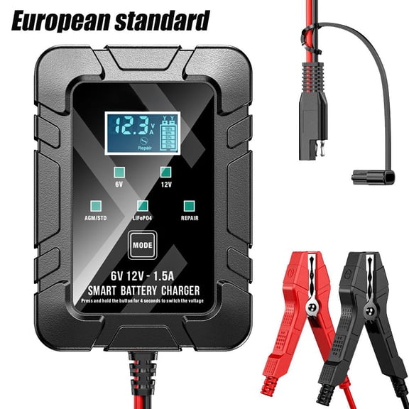 6V/12V 1.5A Smart Battery Charger & Maintainer for Car, Marine, RV, ATV Batteries, LCD Display