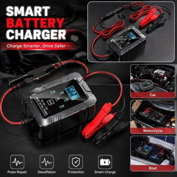 6V 12V Automatic Intelligent Recognition Charger, Smart Pulse Battery Charger & Repairer with LED Display, Trickle Chargers for Car, Motorcycle & Marine Batteries