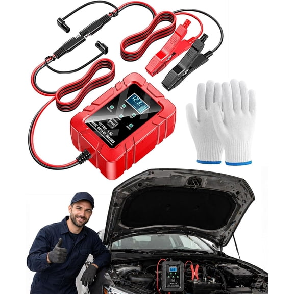 6V/12V Automatic Intelligent Recognition, Smart Intelligent Pulse Repair Battery Charger - Trickle Charger, Pulse Desulfator & Battery Maintainer for Car, Motorcycle, Marine, Lawn Mower (Red)