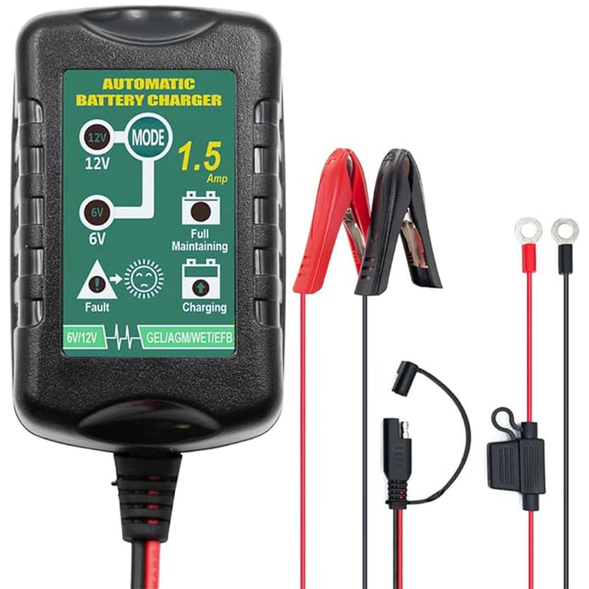 6V 12V Battery Charger & Maintainer: 1.5 AMP Battery Charger & Maintainer for Motorcycles, ATVs, UTVs - Smart 12V Automatic Float Charger