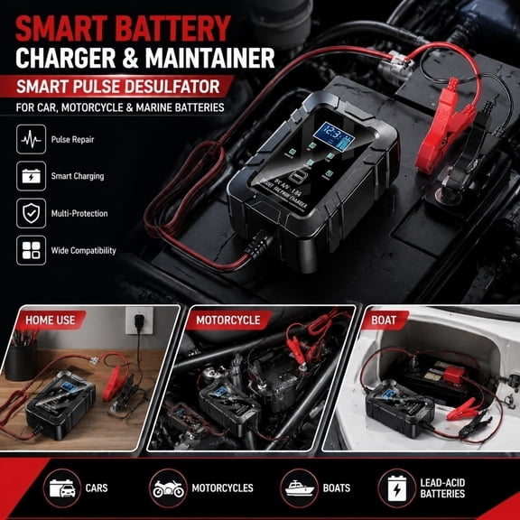 6V/12V LED Display Pulse Battery Charger Repairer, Trickle Maintainer for Automotive Marine Batteries