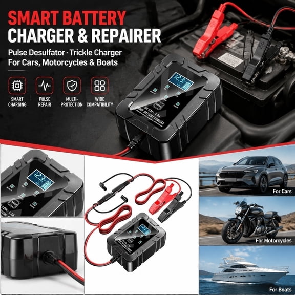 6V/12V Smart Pulse Battery Charger Repairer, LED Display Trickle Charger for Car Motorcycle Marine Boat ATV